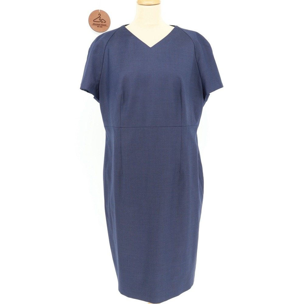 Hugo Boss Wool Deitua Navy Blue Sheath Dress V-neck Short Sleeve Lined‎ Size 14